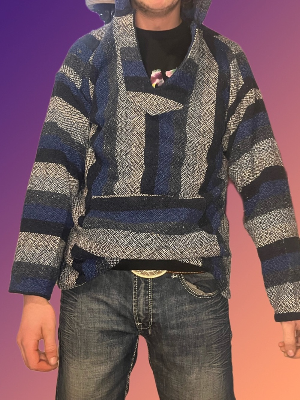 vintage Striped Hooded v-neck Sweater - Blue & Black